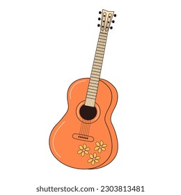 Hippie guitar with flowers ornament. Vintage retro musical instrument. Vector illustration isolated on white background. 