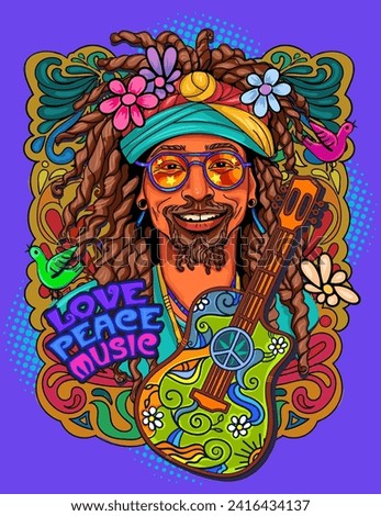 Hippie guy with glasses, dreadlocks with guitar and peace sign peace and love. Vector colorful background in retro comics style in pop art style. A symbol of pacifism, peace, love and music