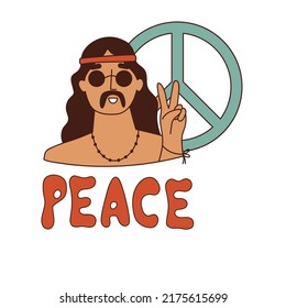 The hippie guy with lettering PEACE. 1970 vibe. Vector illustration