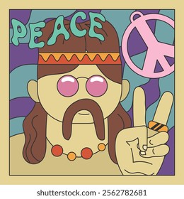 Hippie guy with long hair and pink glasses making a victory sign with his hand. Groovy style poster. Vector illustration