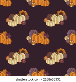 Hippie Hallloween Groovy Pumpkin seamless pattern. 70s vintage style vector illustration on dark violet background. Boho autumn flowers.