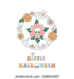 Hippie Halloween Bony Floral Peace Sign vector illustration isolated on white. Retro 60s 70s boho groovy tattoo skull flowers print for T-shirt design.