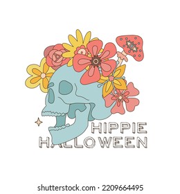 Hippie Halloween card with skull with mushroom and flowers isolated on white. Retro Groovy 70s 60s Braincase skeleton dead head print with text. Linear boho vector illustration.