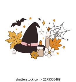 Hippie Halloween clipart illustration composition for flyer, banner, card, poster design in retro groovy hand drawn modern vintage 70s style with witch hat, candles, autumn leaves