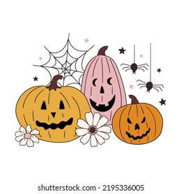 Hippie Halloween clipart illustration composition for flyer, banner, card, poster design in retro groovy hand drawn modern vintage 70s style with scary pumpkins, spider web, spiders, retro flowers