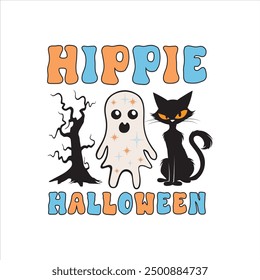 Hippie Halloween, divertido Vector de diseño de camisa de Halloween, ilustración retro de Halloween, citas de tipografía de Halloween diseño de camiseta