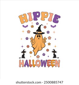 Hippie Halloween, divertido Vector de diseño de camisa de Halloween, ilustración retro de Halloween, citas de tipografía de Halloween diseño de camiseta