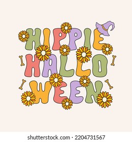 Hippie halloween hand drawn lettering in retro groovy 70s style. Vector illustration. Pastel colors