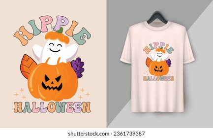 Hippie Halloween - Retro Halloween Cute T-shirt Design with groovy style, Boo, Ghost, pumpkin, witch, etc 