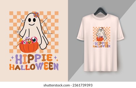 Hippie Halloween - Retro Halloween Cute T-shirt Design with groovy style, Boo, Ghost, pumpkin, witch, etc 