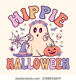 Hippie Halloween - Retro Groovy Halloween t shirt design, vector graphic