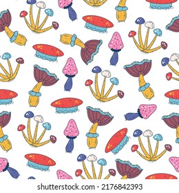 Hippie hallucinations psychedelic mushroom seamless cover wrapping pattern concept design element illustration
