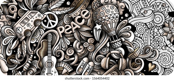 Hippie hand drawn doodle banner. Cartoon detailed illustrations. Vintage identity with objects and symbols. Monochrome vector design elements background