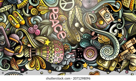 Hippie hand drawn doodle banner. Cartoon detailed illustrations. Vintage identity with objects and symbols. Color vector design elements background