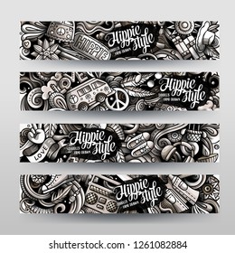 Hippie hand drawn doodle banners set. Cartoon detailed flyers. Hippy identity with objects and symbols. Toned vector design elements illustration