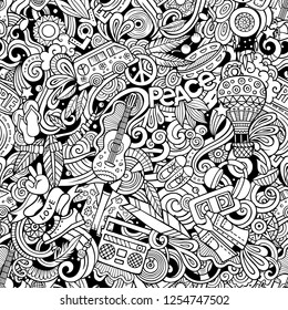 Hippie hand drawn doodles seamless pattern. Hippy background. Cartoon fabric print design. Line art vector illustration. All objects are separate.