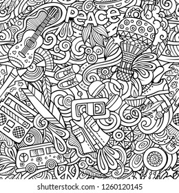 Hippie hand drawn doodles seamless pattern. Hippy background. Cartoon fabric print design. Line art vector illustration. All objects are separate.