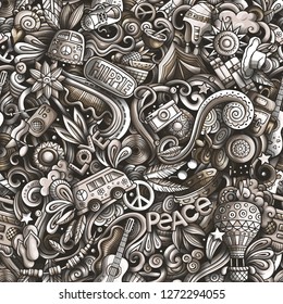 Hippie hand drawn doodles seamless pattern. Hippy background. Cartoon fabric print design. Toned vector illustration. All objects are separate.