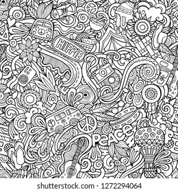 Hippie hand drawn doodles seamless pattern. Hippy background. Cartoon fabric print design. Line art vector illustration. All objects are separate.