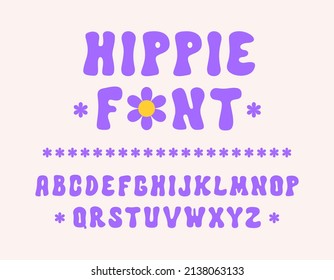 Hippie hand drawn font in style retro 60s, 70s. Trendy psychedelic alphabet. Vector cartoon illustration	