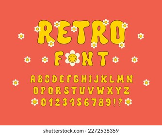 Hippie hand drawn font in style retro 60s, 70s. Trendy psychedelic alphabet. Vector cartoon illustration
