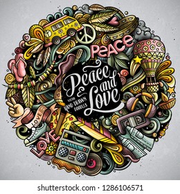 Hippie hand drawn vector doodles round illustration. Hippy poster design. Young people elements and objects cartoon background. Bright colors funny picture. All items are separated