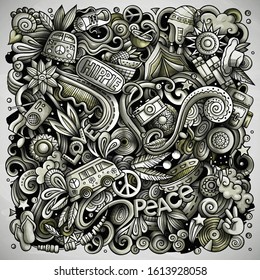 Hippie hand drawn vector doodles illustration. Hippy poster design. Young people elements and objects cartoon background. Toned funny picture. All items are separated