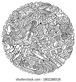 Hippie hand drawn vector doodles round illustration. Hippy poster design. Young people elements and objects cartoon background. Sketchy funny picture. All items are separated