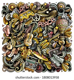 Hippie hand drawn vector doodles illustration. Hippy poster design. Young people elements and objects cartoon background. Bright colors funny picture. All items are separated