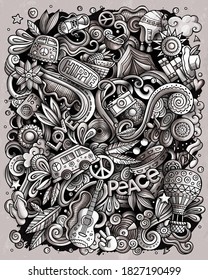 Hippie hand drawn vector doodles illustration. Hippy poster design. Young people elements and objects cartoon background. Toned funny picture. All items are separated
