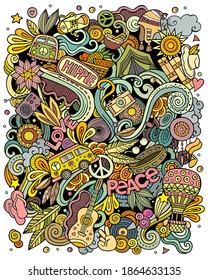 Hippie hand drawn vector doodles illustration. Hippy poster design. Young people elements and objects cartoon background. Bright colors funny picture. All items are separated