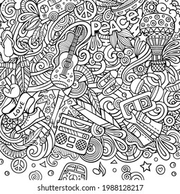 Hippie hand drawn vector doodles illustration. Hippy frame card design. Young people elements and objects cartoon background. Sketchy funny border. All items are separated