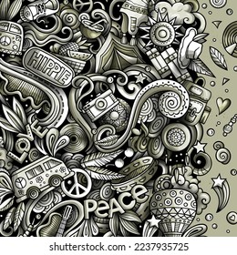 Hippie hand drawn vector doodles illustration. Hippy frame card design. Young people elements and objects cartoon background. Toned funny border. All items are separated