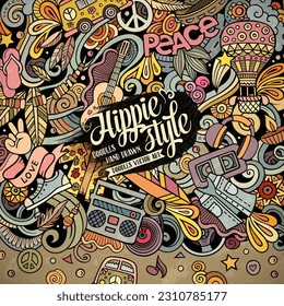 Hippie hand drawn vector doodles illustration. Hippy frame card design. Young people elements and objects cartoon background. Bright colors funny border. All items are separated