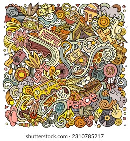 Hippie hand drawn vector doodles illustration. Hippy poster design. Young people elements and objects cartoon background. Bright colors funny picture. All items are separated