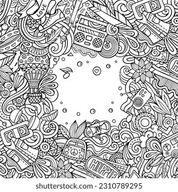 Hippie hand drawn vector doodles illustration. Hippy frame card design. Young people elements and objects cartoon background. Sketchy funny border. All items are separated
