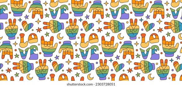 Hippie hand peace and rock gestures and with rainbow heart with word love in colors of lgbt flag. Seamless pattern, background or print, 70s retro vector in contour flat style