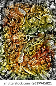 Hippie hand-drawn doodle banner. Cartoon watercolor vintage illustration with objects and symbols. Color vector background