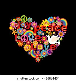 Hippie heart print with doves and rainbow