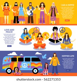 Hippie horizontal banners set with group of young people with ethnic fashion style wear  fashion meditating and playing guitar flat vector illustration  
