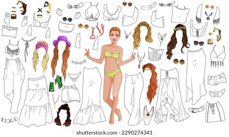 Hippie Hottie Coloring Page Paper Doll with Female Body Template, Clothing, Hairstyles and Accessories. Vector Illustration