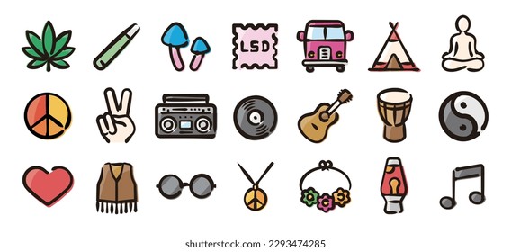 Conjunto de iconos hippie (versión de color de dibujo manual)