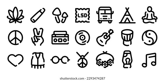 Conjunto de iconos Hippie (versión de línea de negrita suave)