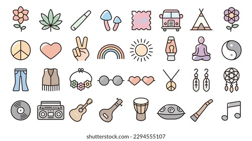 Conjunto de iconos de hippie (versión de color de línea delgada)