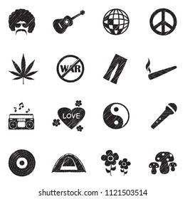 Hippie Icons. Black Scribble Design. Vector Illustration.
