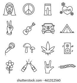 Hippie Icons Set. Music Festival Collection. Thin Line Design