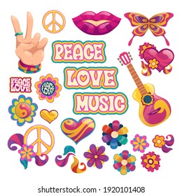 Hippie icons, signs of peace, love and music. Vector cartoon set symbols of hippy culture with hearts, flowers, guitar, hand gesture and smile lips isolated on white background