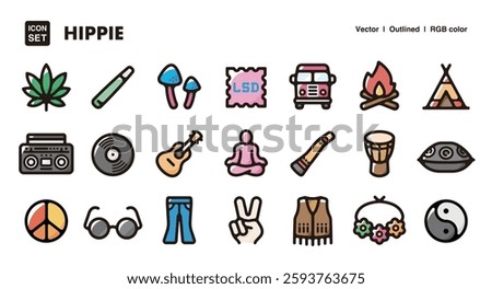 Hippie illustration icon set.Simple vector outlines, clipart for graphic design.
