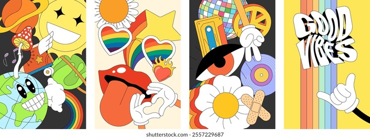 Hippie inspired posters featuring retro psychedelic wallpapers. Groovy chamomile with other bold decorative 70s style elements. Abstract vintage illustration with vibrant designs