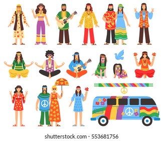 Hippie isolated decorative icons set with young people in ethnic clothes musician with guitar painted van and symbols of peace flat vector illustration   